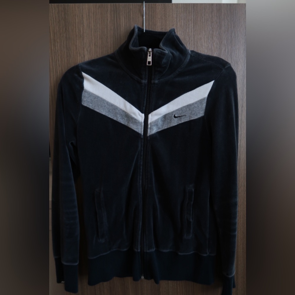 Nike Black Velour Track Jacket with White and Gray Chevron